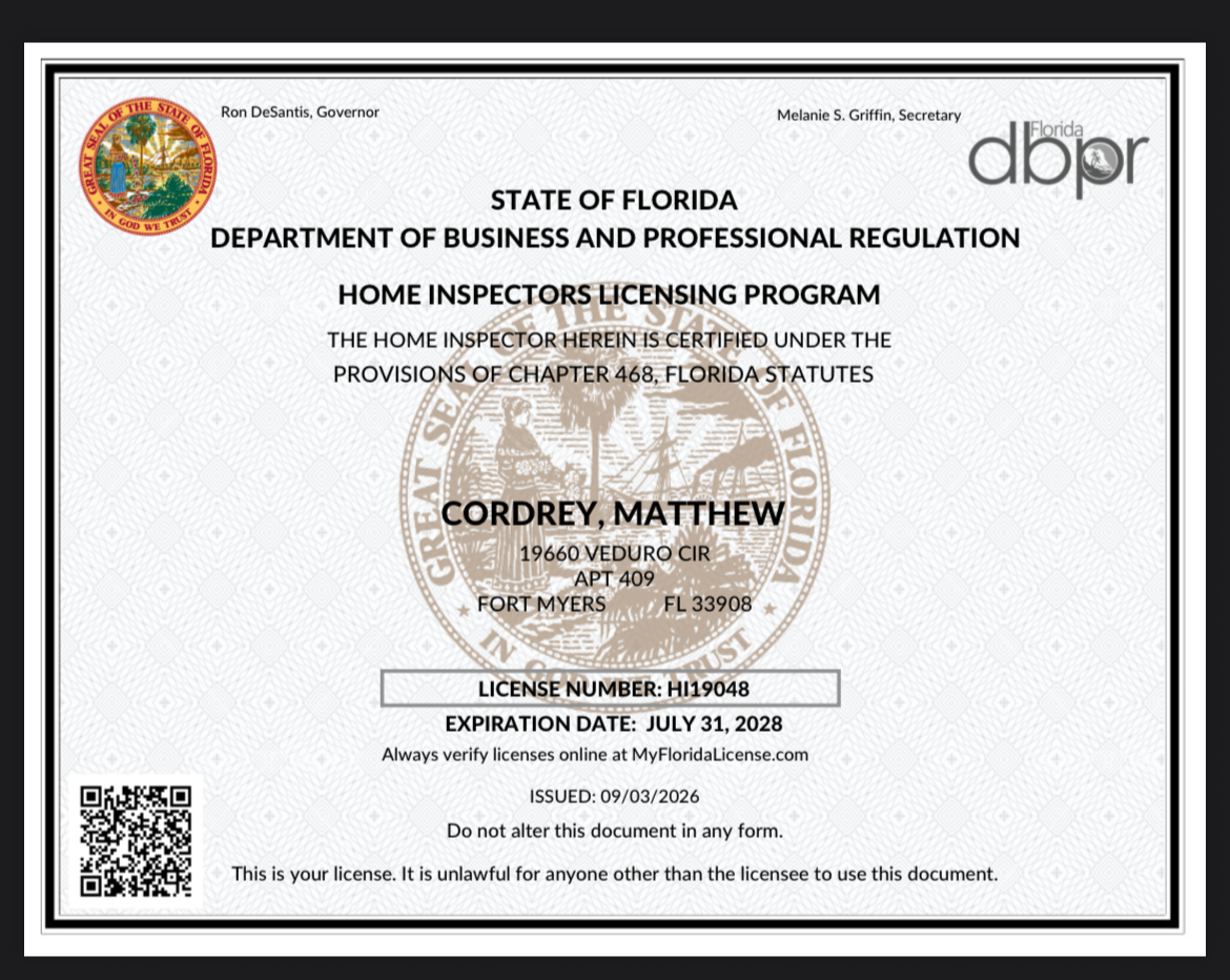 Florida DBPR home inspector license HI19048 issued to Matthew Cordrey