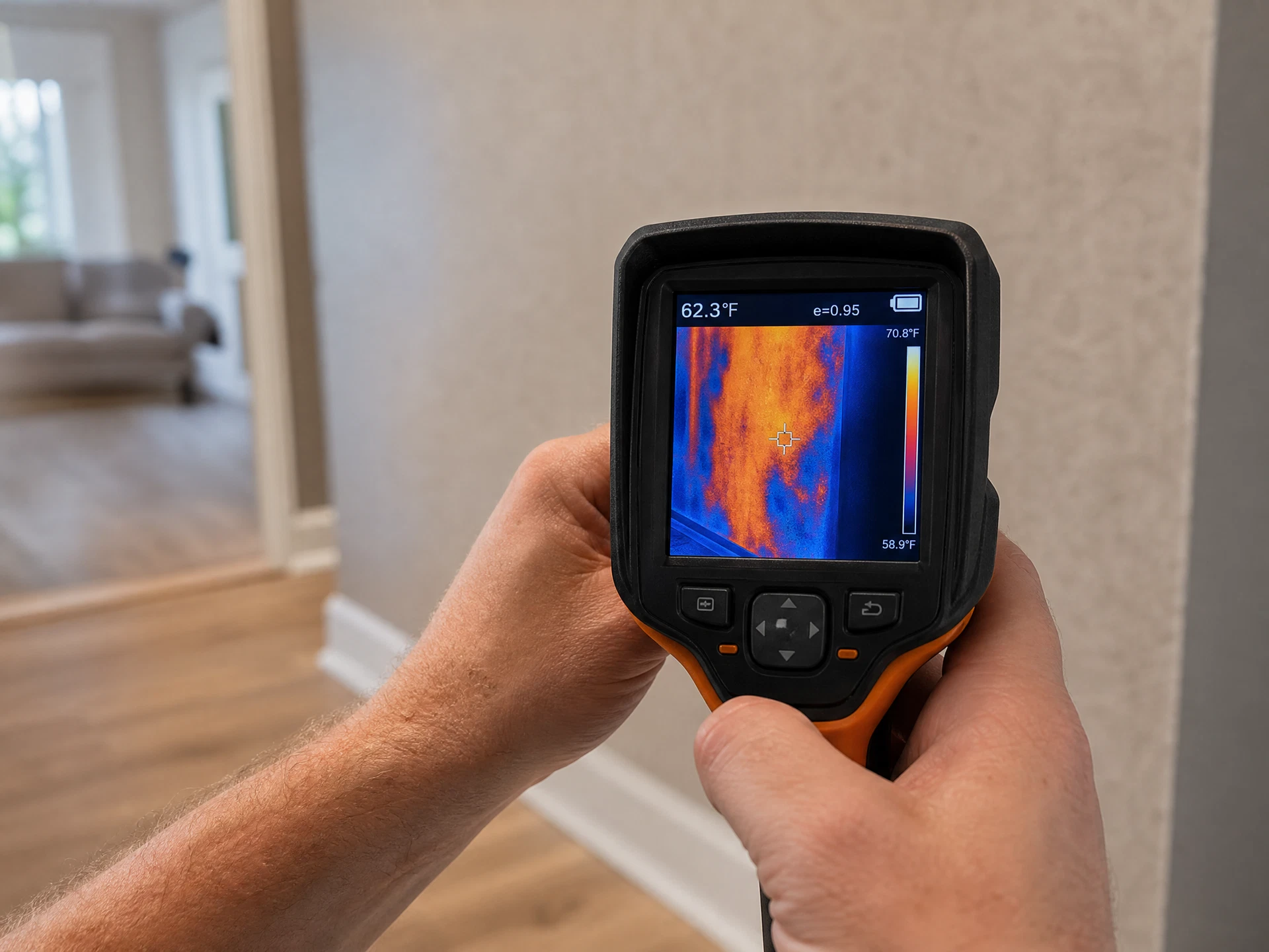 Home inspector using a thermal imaging camera to check for moisture behind a wall in Fort Myers, FL